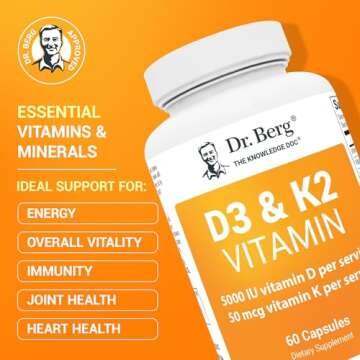 Dr. Berg D3 K2 Vitamin 5000 IU w/MCT Powder - Includes 50 mcg MK7 Vitamin K2, Purified Bile Salts, Zinc & Magnesium for Ultimate Absorption - K2 D3 Vitamin Supplement - 60 Capsules