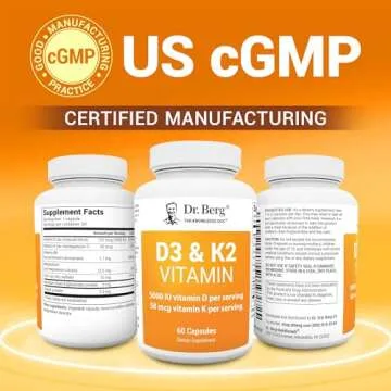 Dr. Berg D3 K2 Vitamin 5000 IU w/MCT Powder - Includes 50 mcg MK7 Vitamin K2, Purified Bile Salts, Zinc & Magnesium for Ultimate Absorption - K2 D3 Vitamin Supplement - 60 Capsules
