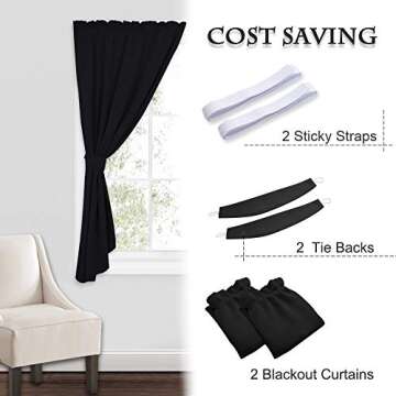 RYB HOME Black Curtain Blinds for Bedroom, Insulated Drapes for Living Room Small Window Covering, Hang Without Rod for Loft/Apartment, with 2 Ropes & Sticky Strap, Wide 40 x Long 63 inch, 2 Panels