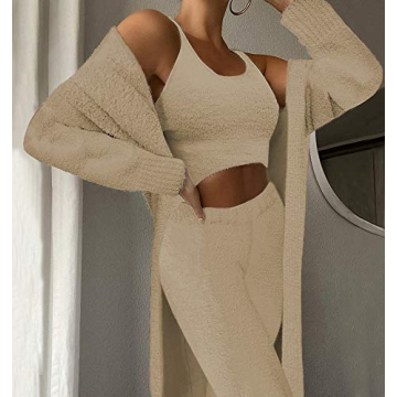 Fixmatti Womens 3 Pieces Cardigan Set Crop Tops Long Pants Fuzzy Fleece Loungewear Pajama Set Camel L