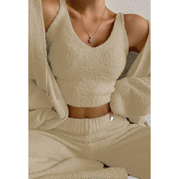 Fixmatti Womens 3 Pieces Cardigan Set Crop Tops Long Pants Fuzzy Fleece Loungewear Pajama Set Camel L
