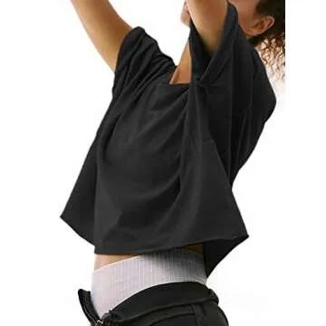 Womens Oversize Cropped T Shirts Short Sleeve Drop Shoulder Boxy Crop Tops Casual Summer Basic Loose Workout Yoga Running Tees Black M
