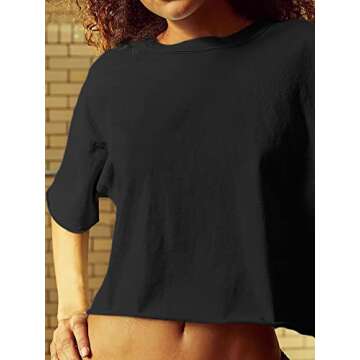 Womens Oversize Cropped T Shirts Short Sleeve Drop Shoulder Boxy Crop Tops Casual Summer Basic Loose Workout Yoga Running Tees Black M