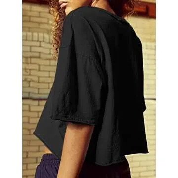 Womens Oversize Cropped T Shirts Short Sleeve Drop Shoulder Boxy Crop Tops Casual Summer Basic Loose Workout Yoga Running Tees Black M