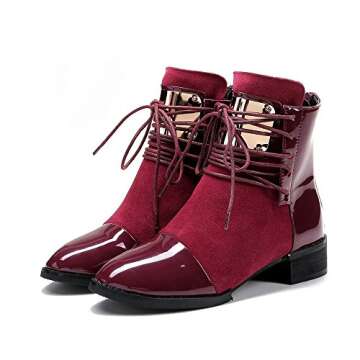 LIURUIJIA Women Punk Metal Style Cool Patent PU Leather Chunky Heel Ankle Boots Autumn Winter Warm Fluff Lining Zip Boots GC213-2-wine red-39(39/US7.5)