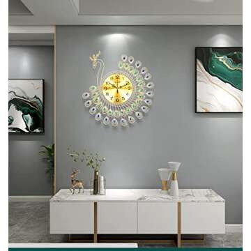 NEOTEND Large Modern Wall Clock for Living Room Decor Peacock Kitchen Big Wall Watch for Bedroom Sil...