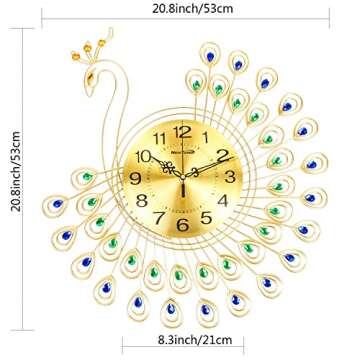 NEOTEND Large Modern Wall Clock for Living Room Decor Peacock Kitchen Big Wall Watch for Bedroom Silent Decorative Office Non Ticking Metal Wall Clock Battery Operated 20.8 Inch