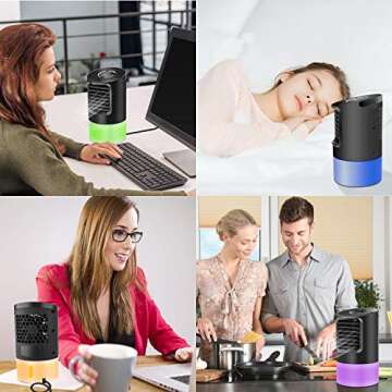Mikikin Portable Air Conditioner Fan, Personal Mini Evaporative Air Cooler Desk Humidifier Misting Fan with Handle, 7 Colors LED Lights, 3 Speeds, Super Quiet for Home, Office, Room, Dorm