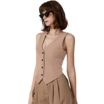 QINSEN Women's Summer Vest Sleeveless V Neck Button Up Trendy Crop Top for Bussiness Work Khaki M
