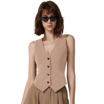 QINSEN Women's Summer Vest Sleeveless V Neck Button Up Trendy Crop Top for Bussiness Work Khaki M