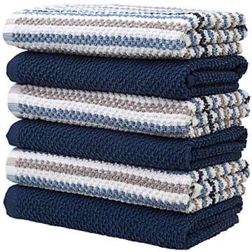 Premium Kitchen Towels (16”x 26”, 6 Pack) | Large Cotton Kitchen Hand Towels | Popcorn Striped Design | Dish Towels | 430 GSM Highly Absorbent Tea Towels Set with Hanging Loop | Blue