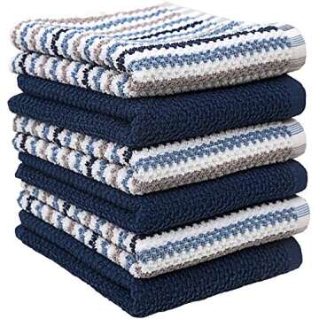 Premium Kitchen Towels (16”x 26”, 6 Pack) | Large Cotton Kitchen Hand Towels | Popcorn Striped Design | Dish Towels | 430 GSM Highly Absorbent Tea Towels Set with Hanging Loop | Blue