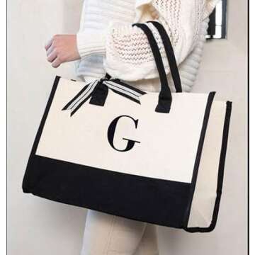 Mud Pie Classic Black and White Initial Canvas Tote Bags (G) - 100% Cotton, 17" x 19" x 2"