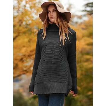 ANRABESS Women Oversized Turtleneck Long Batwing Sleeve Split Hem Pullover Knit Tunic Sweater Outfits 2024 Trendy Clothes Black Black Small