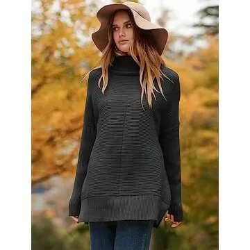 ANRABESS Women Oversized Turtleneck Long Batwing Sleeve Split Hem Pullover Knit Tunic Sweater Outfits 2024 Trendy Clothes Black Black Small