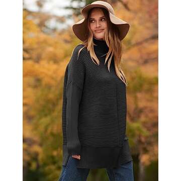 ANRABESS Women Oversized Turtleneck Long Batwing Sleeve Split Hem Pullover Knit Tunic Sweater Outfits 2024 Trendy Clothes Black Black Small