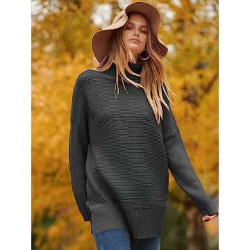ANRABESS Women Oversized Turtleneck Long Batwing Sleeve Split Hem Pullover Knit Tunic Sweater Outfits 2024 Trendy Clothes Black Black Small
