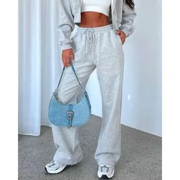 AROGONE Women Wide Leg Fleece Sweatpants Baggy High Waisted Sweat Pants Casual Drawstring Straight Leg Sweats with Pockets Grey S