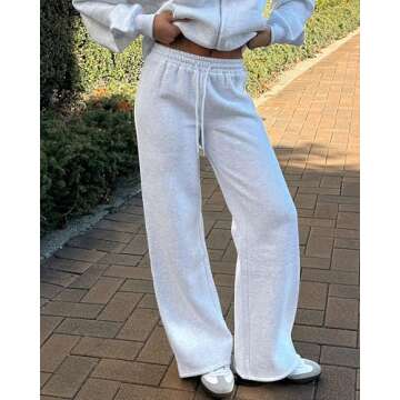 AROGONE Women Wide Leg Fleece Sweatpants Baggy High Waisted Sweat Pants Casual Drawstring Straight Leg Sweats with Pockets Grey S