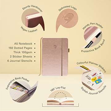 Bullet Dot Journal | A5 Notebook – Hardcover Vegan Grid Journal | 100GSM Paper | 6 Journal Stencil...