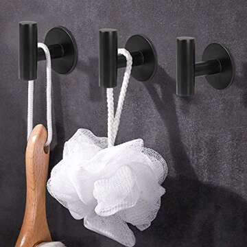 YAKAON Self-Adhesive Hooks, Heavy Duty Kitchen Bathrooms Robe Black Hooks, Towel Stands Sticky Wall ...