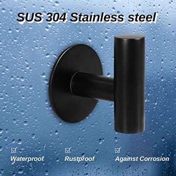 YAKAON Self-Adhesive Hooks, Heavy Duty Kitchen Bathrooms Robe Black Hooks, Towel Stands Sticky Wall Hook, Toilet Waterproof and Rust-Proof Bath Towel Hooks - 4 Packs