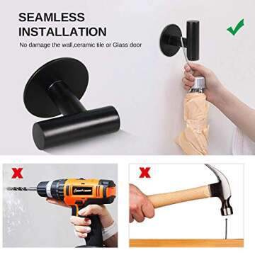 YAKAON Self-Adhesive Hooks, Heavy Duty Kitchen Bathrooms Robe Black Hooks, Towel Stands Sticky Wall Hook, Toilet Waterproof and Rust-Proof Bath Towel Hooks - 4 Packs