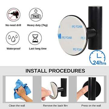 YAKAON Self-Adhesive Hooks, Heavy Duty Kitchen Bathrooms Robe Black Hooks, Towel Stands Sticky Wall Hook, Toilet Waterproof and Rust-Proof Bath Towel Hooks - 4 Packs