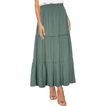 Afibi Womens High Waist A Line Ruffle Swing Long Maxi Skirt with Pockets (Medium, Army Green)