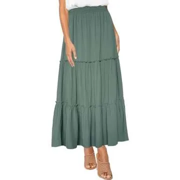 Afibi Womens High Waist A Line Ruffle Swing Long Maxi Skirt with Pockets (Medium, Army Green)
