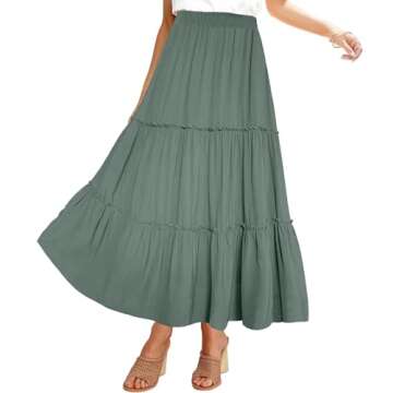 Afibi Womens High Waist A Line Ruffle Swing Long Maxi Skirt with Pockets (Medium, Army Green)