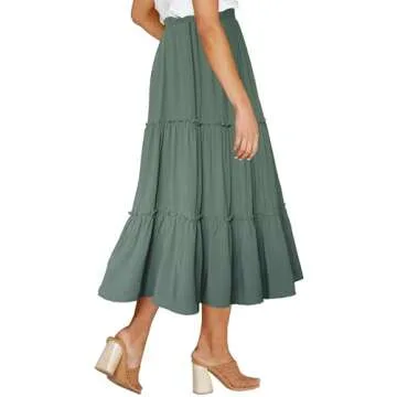 Afibi Womens High Waist A Line Ruffle Swing Long Maxi Skirt with Pockets (Medium, Army Green)