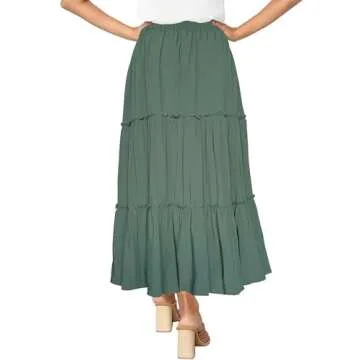 Afibi Womens High Waist A Line Ruffle Swing Long Maxi Skirt with Pockets (Medium, Army Green)