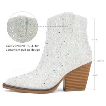 OOHRHN Women's Color Rhinestone Boots Glitter Sparkly Cowboy Booties Chunky Block Heel Pearl Detail ...
