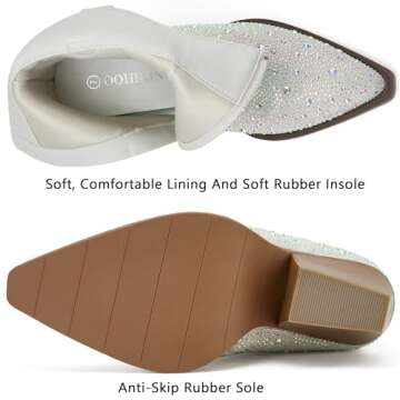 OOHRHN Women's Color Rhinestone Boots Glitter Sparkly Cowboy Booties Chunky Block Heel Pearl Detail Pointed Toe Bridal Wedding Western Ankle Boots Cowgirl Short Boots White Stone PU Size US 9