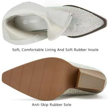 OOHRHN Women's Color Rhinestone Boots Glitter Sparkly Cowboy Booties Chunky Block Heel Pearl Detail Pointed Toe Bridal Wedding Western Ankle Boots Cowgirl Short Boots White Stone PU Size US 9