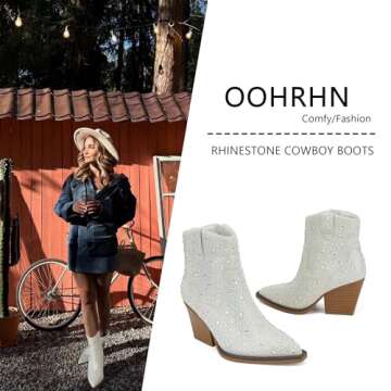 OOHRHN Women's Color Rhinestone Boots Glitter Sparkly Cowboy Booties Chunky Block Heel Pearl Detail Pointed Toe Bridal Wedding Western Ankle Boots Cowgirl Short Boots White Stone PU Size US 9