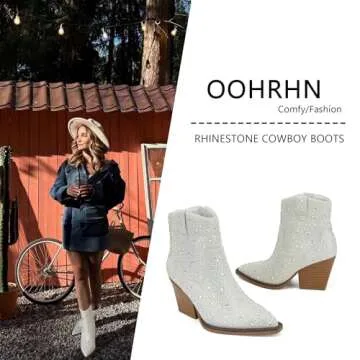 OOHRHN Women's Color Rhinestone Boots Glitter Sparkly Cowboy Booties Chunky Block Heel Pearl Detail Pointed Toe Bridal Wedding Western Ankle Boots Cowgirl Short Boots White Stone PU Size US 9