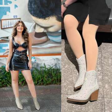 OOHRHN Women's Color Rhinestone Boots Glitter Sparkly Cowboy Booties Chunky Block Heel Pearl Detail Pointed Toe Bridal Wedding Western Ankle Boots Cowgirl Short Boots White Stone PU Size US 9