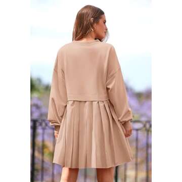 PRETTYGARDEN Women's Pullover Sweatshirt Tops Long Sleeve Patchwork Loose Fit Pleated Mini Dress (Nu...