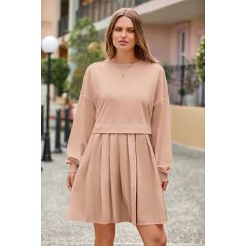 PRETTYGARDEN Women's Pullover Sweatshirt Tops Long Sleeve Patchwork Loose Fit Pleated Mini Dress (Nude Pink,Medium)