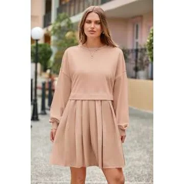 PRETTYGARDEN Women's Pullover Sweatshirt Tops Long Sleeve Patchwork Loose Fit Pleated Mini Dress (Nude Pink,Medium)