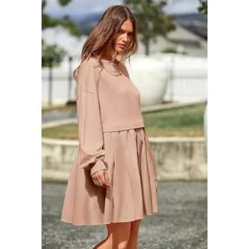 PRETTYGARDEN Women's Pullover Sweatshirt Tops Long Sleeve Patchwork Loose Fit Pleated Mini Dress (Nude Pink,Medium)