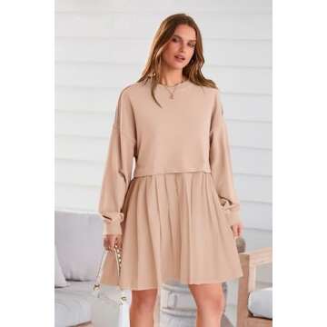 PRETTYGARDEN Women's Pullover Sweatshirt Tops Long Sleeve Patchwork Loose Fit Pleated Mini Dress (Nude Pink,Medium)