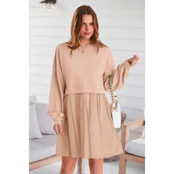 PRETTYGARDEN Women's Pullover Sweatshirt Tops Long Sleeve Patchwork Loose Fit Pleated Mini Dress (Nude Pink,Medium)