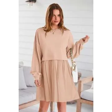 PRETTYGARDEN Women's Pullover Sweatshirt Tops Long Sleeve Patchwork Loose Fit Pleated Mini Dress (Nude Pink,Medium)