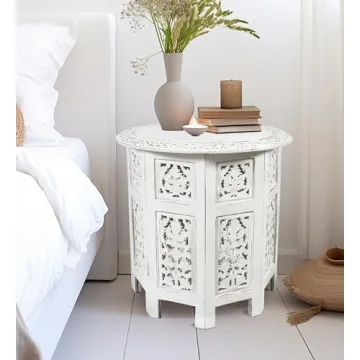 COTTON CRAFT Solid Wood Accent End Table - Hand Carved Vintage Boho Folding Side Table - Small Spaces Entryway Farmhouse Living Room Bedside - No Tools Assembly -18x18 Round - Jaipur Antique White