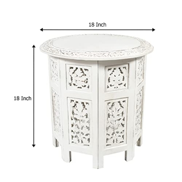 COTTON CRAFT Solid Wood Accent End Table - Hand Carved Vintage Boho Folding Side Table - Small Spaces Entryway Farmhouse Living Room Bedside - No Tools Assembly -18x18 Round - Jaipur Antique White