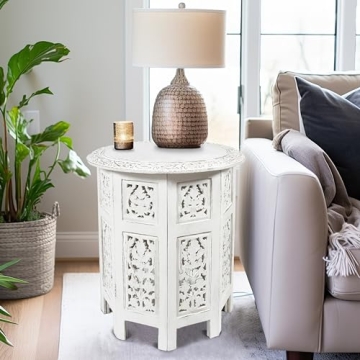 COTTON CRAFT Solid Wood Accent End Table - Hand Carved Vintage Boho Folding Side Table - Small Spaces Entryway Farmhouse Living Room Bedside - No Tools Assembly -18x18 Round - Jaipur Antique White