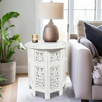 COTTON CRAFT Solid Wood Accent End Table - Hand Carved Vintage Boho Folding Side Table - Small Spaces Entryway Farmhouse Living Room Bedside - No Tools Assembly -18x18 Round - Jaipur Antique White